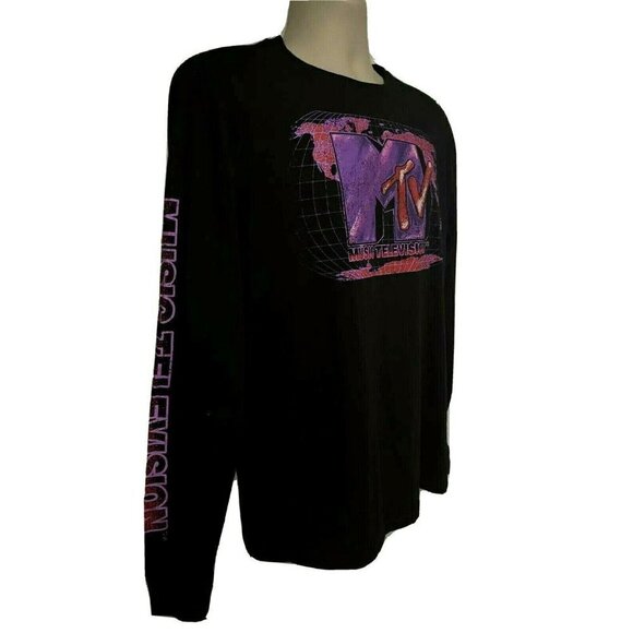 MTV Music Television Retro Black Double Graphic LS T-Shirt Medium Cotton Unisex - Picture 5 of 8
